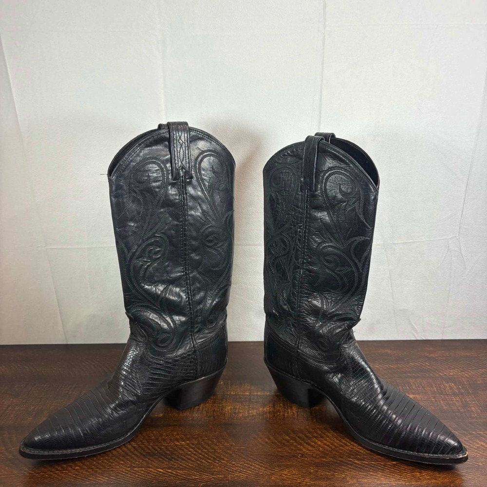 Dan Post Womens Black Teju Lizard Exotic Leather Cowboy Boots Size 7 M Vintage - Picture 2 of 10
